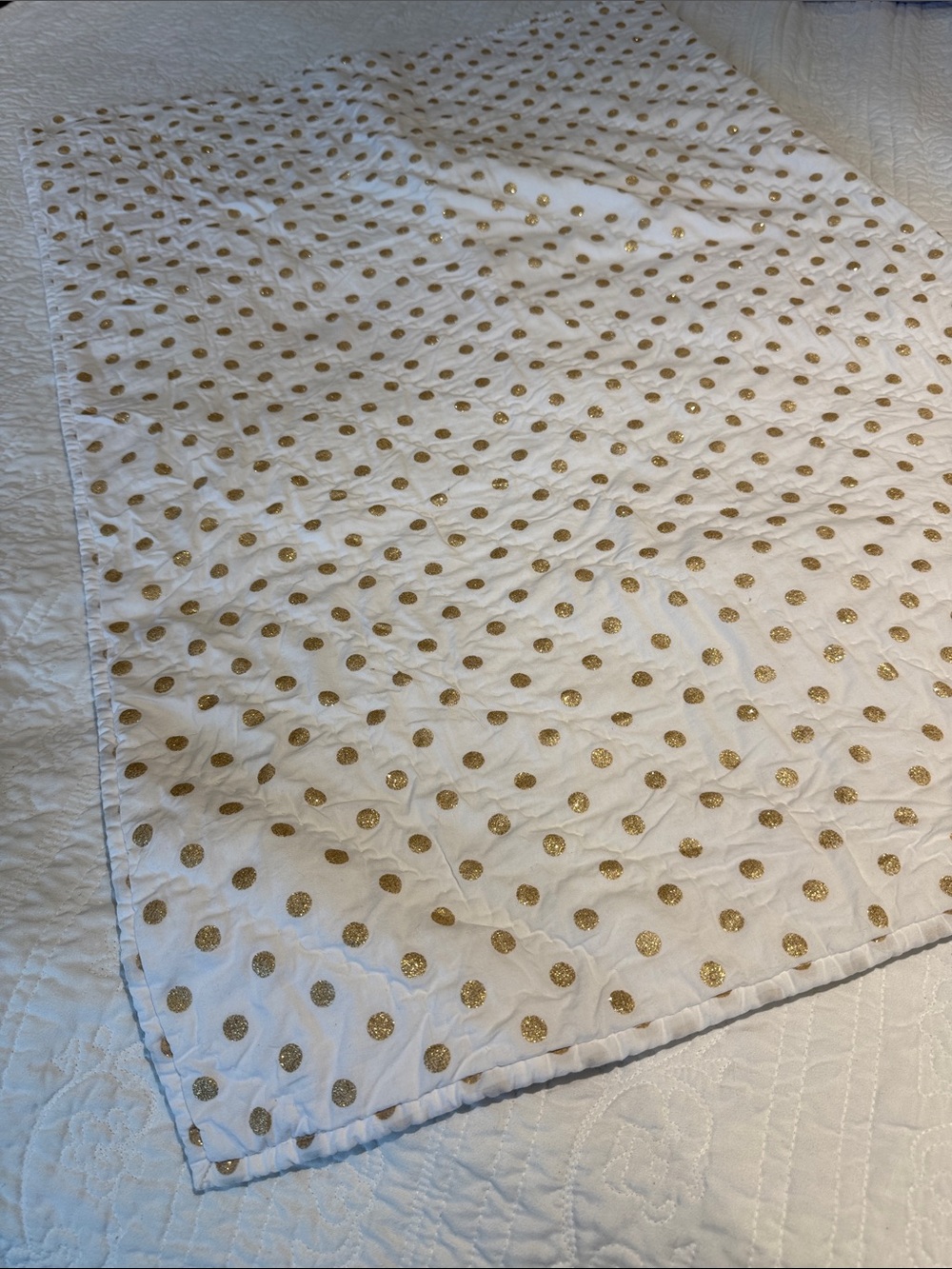 Pottery Barn Kids White Quilted Throw with Gold Polka Dots